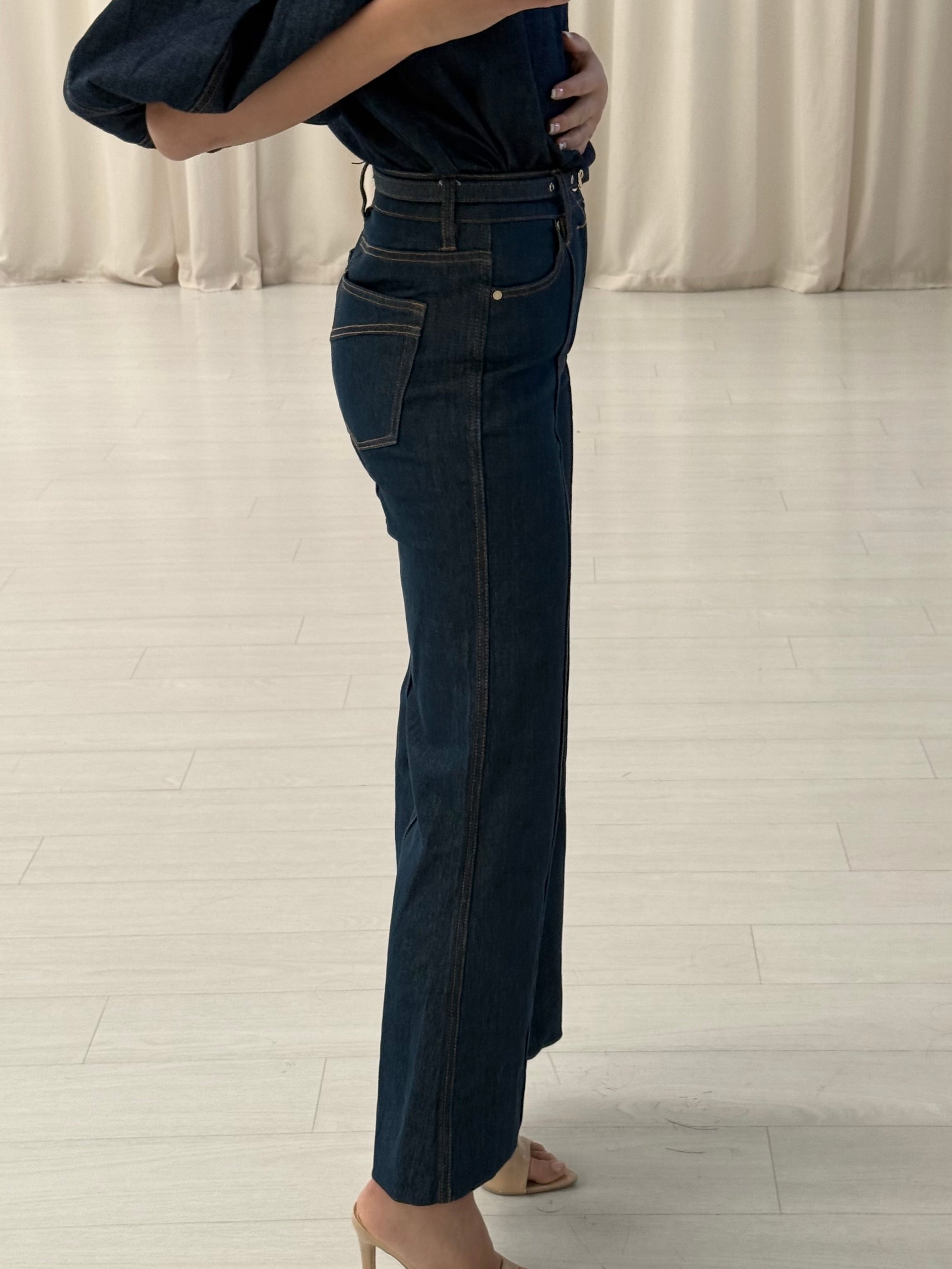 High Rise Belted Wide Leg Jean