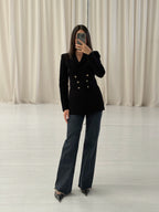 Black Crepe Knit Gold Button Jacket