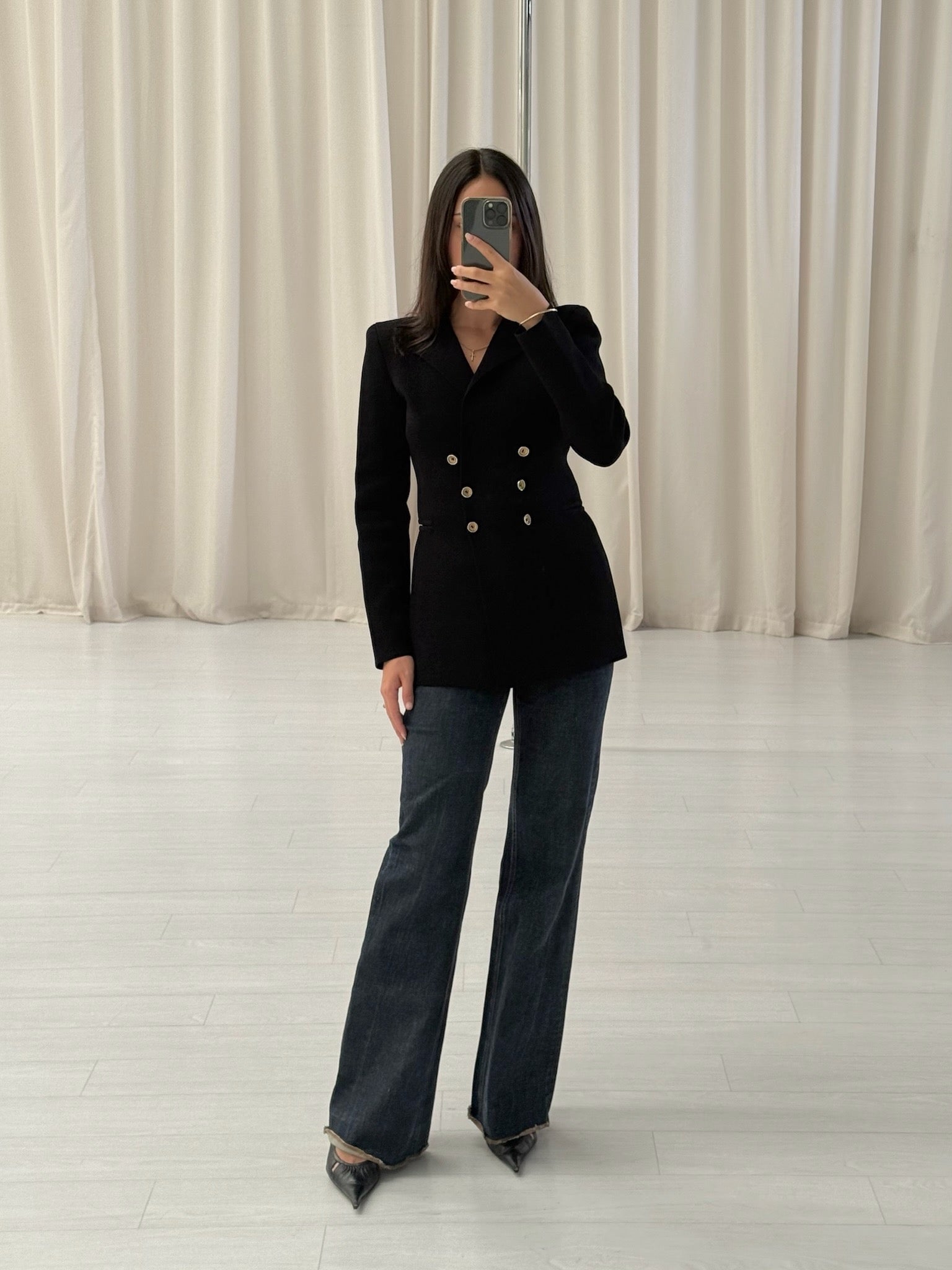 Black Crepe Knit Gold Button Jacket