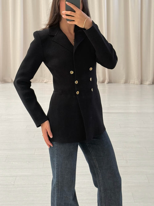 Black Crepe Knit Gold Button Jacket