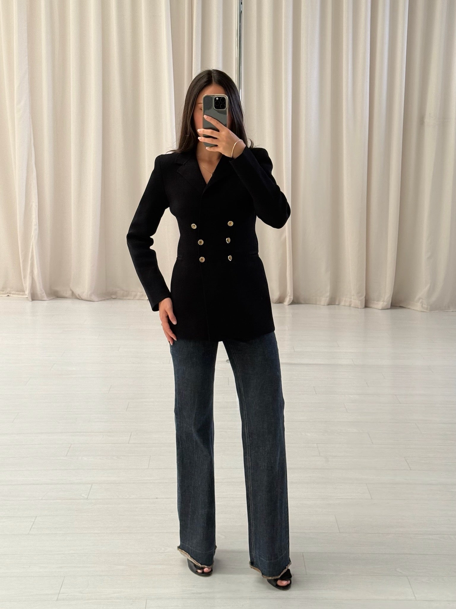 Black Crepe Knit Gold Button Jacket