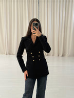 Black Crepe Knit Gold Button Jacket
