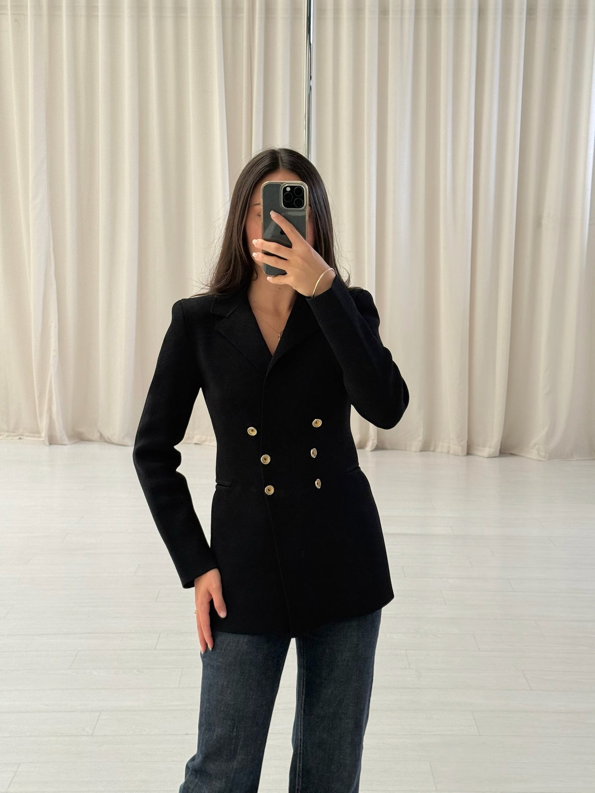 Black Crepe Knit Gold Button Jacket