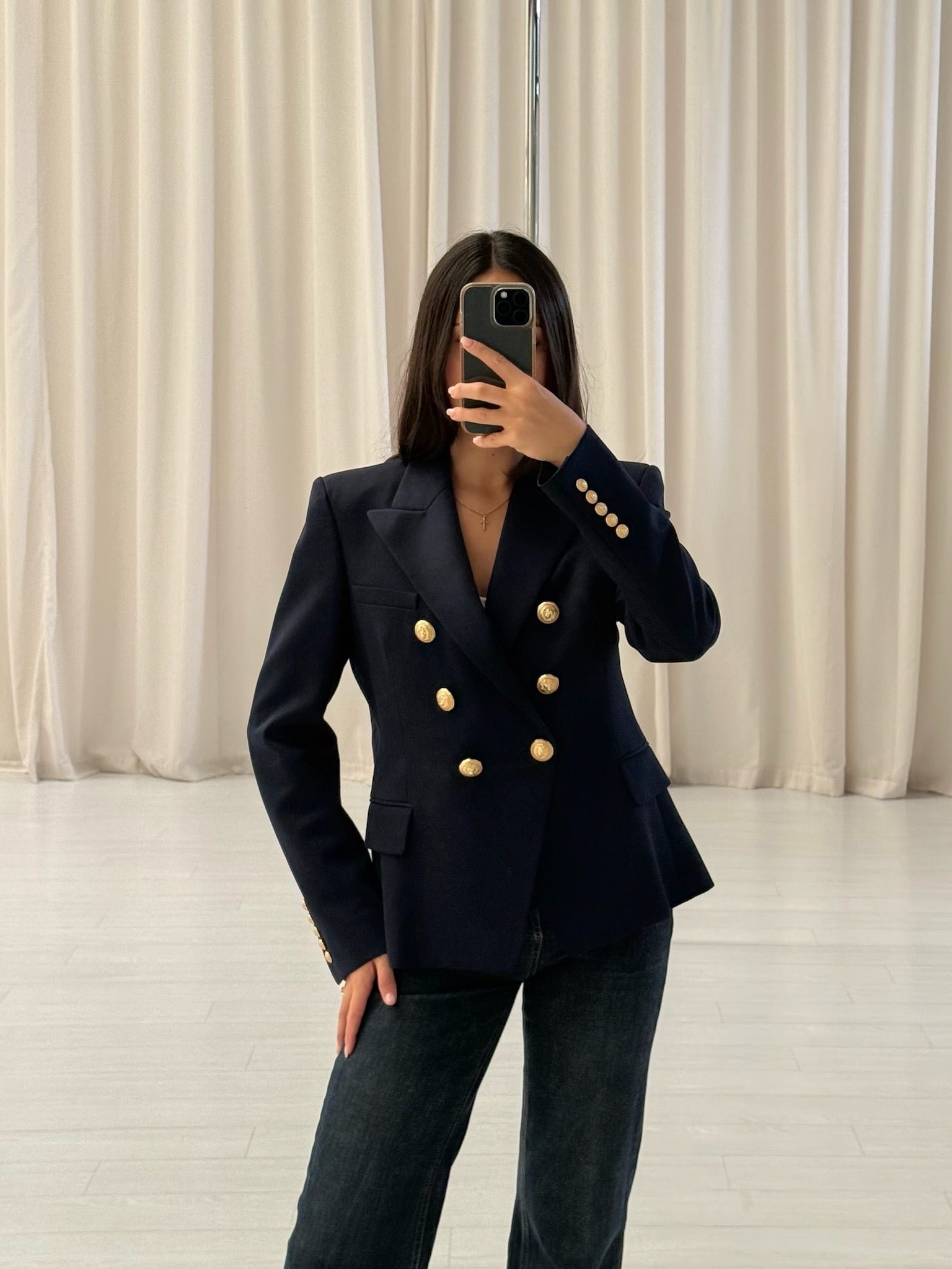 Navy Fitted Wool Button Jacket