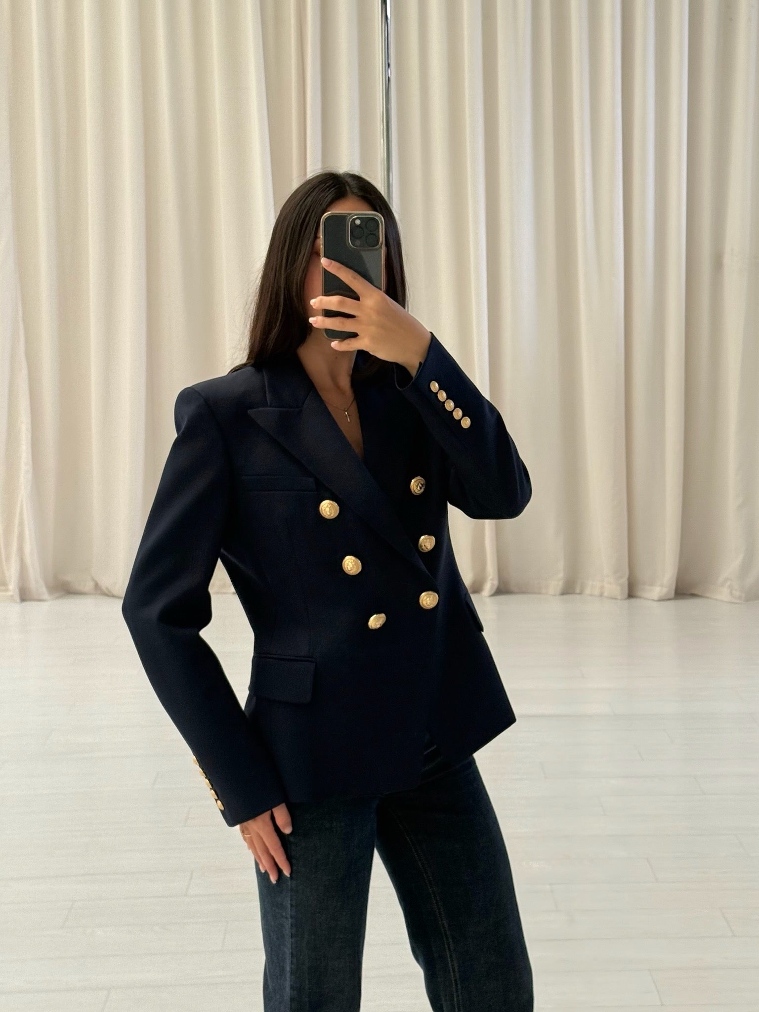 Navy Fitted Wool Button Jacket