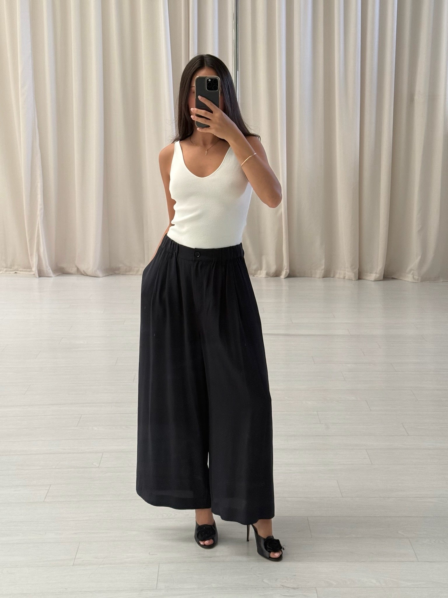 Navy Silk Crop Trousers