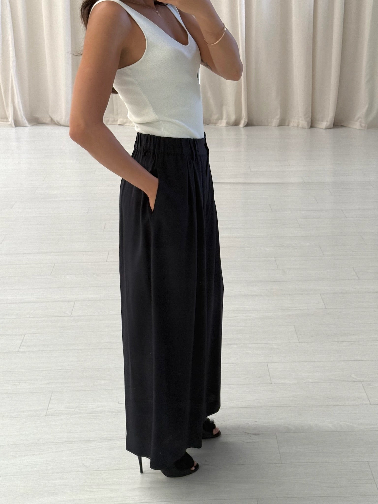 Navy Silk Crop Trousers