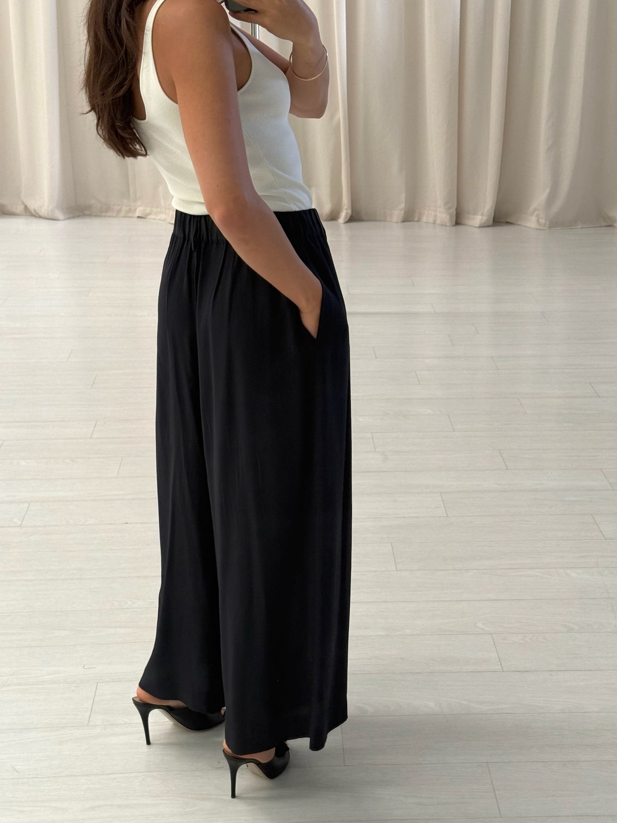Navy Silk Crop Trousers